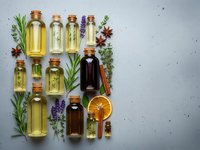 Essential oils in glass bottles with herbs, spices and dried orange slice arranged on textured surface for aromatherapy and natural wellness treatments.