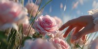 Hand reaching toward blooming pink rose in garden with soft sunlight and blue sky background creating romantic floral scene for spring gardening concepts.