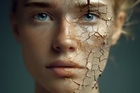 Young woman with cracked dry skin texture overlay showing skincare concerns and aging effects on face with blue eyes and natural lighting.