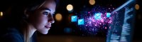 Young Caucasian woman working at night on computer with glowing digital elements and check marks floating in dark space, illuminated by screen light in blue tones.