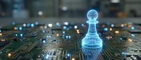 Glowing blue digital chess pawn piece on electronic circuit board with bokeh lights representing artificial intelligence strategy and technology innovation.