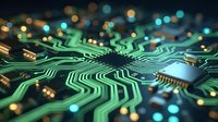 Circuit board with glowing green pathways and bokeh lights, representing technology, data flow, and digital connectivity for tech industry applications.