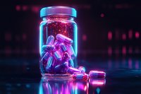 Glowing pharmaceutical capsules in glass jar with neon pink and blue lighting effects on dark reflective surface, futuristic medical concept.