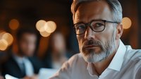 Mature Caucasian businessman with gray beard and glasses in white shirt looking thoughtfully during meeting, with blurred bokeh lights and colleagues background.