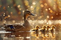 Female mallard duck swimming with four ducklings in golden morning light on calm water, bokeh background creates dreamy atmosphere, wildlife spring scene.