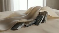 Draped cream fabric flowing over weathered driftwood on neutral surface, creating organic sculptural composition with natural textures and soft lighting for design and artistic projects.