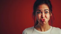 Young Asian woman making funny fish face expression against red background, showing playful and silly mood for entertainment and social media content.