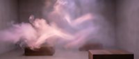 Abstract pink and purple smoke waves flowing dynamically across minimalist interior with wooden platforms for modern product display and presentation.