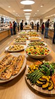 Corporate catering buffet with grilled salmon, fresh salads and roasted vegetables in modern office dining room for business events and meetings.