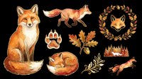 Watercolor fox collection featuring sitting fox, running fox, sleeping fox, paw print, autumn leaves, forest silhouette, and decorative wreath. Isolated on transparent background, ready for t-shirts, clipart, stickers, and print-on-demand designs.
