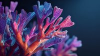 Vibrant coral reef with pink, purple, and blue branches against dark blue water background, showcasing underwater marine ecosystem diversity.