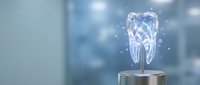 Futuristic holographic tooth projection with digital network connections in modern medical clinic environment for dental technology and healthcare innovation.