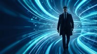 Professional businessman walking through futuristic digital tunnel with glowing blue data streams and technology effects for corporate presentations.