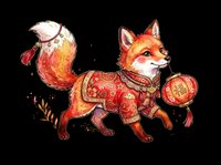 Cute fox in red traditional Asian festive outfit holding a lantern, isolated on transparent background. Great for stickers, t-shirt design, print on demand, sublimation.