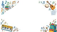 Colorful musical instruments and notes scattered on white background, including guitar, keyboard, books, and sheet music for music education and learning design projects.