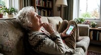 Senior Caucasian woman relaxing on couch using smartphone at home, elderly lady browsing mobile device in comfortable living room with books and plants.