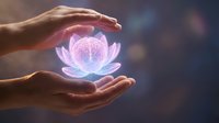 Hands cradling glowing lotus flower with pink and blue light energy, symbolizing healing, spirituality, and mindfulness for wellness and meditation concepts.