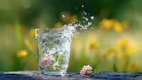 Crystal clear water splashing from glass with pink flower petals and mint leaves against blurred summer garden background with yellow flowers and bokeh effect.