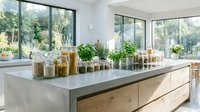 Modern kitchen island with glass storage jars, potted plants and natural light from large windows, suitable for home decor and interior design projects.