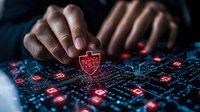 African American male hand placing red shield icon on digital network with glowing cyber security symbols and circuit pattern background.