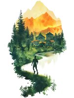 Watercolor mountain landscape with silhouette of man walking by river, pine forest and village houses against orange sunset sky, artistic nature illustration.