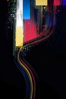 Colorful flowing light streams with glowing particles cascade down against black background creating dynamic motion effect for modern tech designs.