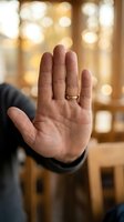 Close-up of an open palm with a gold wedding band against warm, blurred bokeh background. Stop gesture or refusal concept for advertising and editorial use.