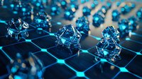Glowing blue network nodes on dark surface with crystalline structures interconnected by luminous lines forming digital grid pattern. Futuristic technology concept.