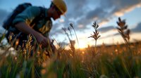 Young male farmer examining wheat crop at golden sunset, silhouetted against dramatic sky with wild grasses in foreground, capturing agricultural inspection moment.