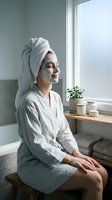 Young woman relaxing in white bathrobe with face mask and towel wrapped hair enjoying peaceful spa day at home by window with natural light.