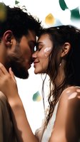 Intimate portrait of young couple with face paint sharing tender moment against abstract bokeh background. Romantic fashion editorial style composition.