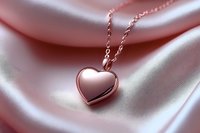 Rose gold heart pendant necklace on soft pink silk fabric background with gentle folds creating romantic luxury jewelry composition for Valentine's day or anniversary gift.