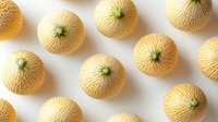 Fresh ripe cantaloupe melons arranged in rows on white background, top view. Sweet summer fruits with textured orange skin and green stems.