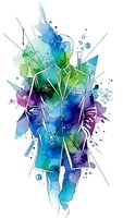 Watercolor scientist silhouette with laboratory equipment and molecular structures in vibrant blue green purple splashes on white background.