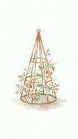 Copper tomato cage with climbing vine and ripe red tomatoes on white background, isolated for garden design and agricultural projects.