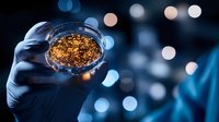 Laboratory scientist holding petri dish with golden glowing particles against blurred blue bokeh background, demonstrating scientific research and discovery.