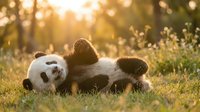 Giant panda lying on back in sunny meadow with wildflowers, playful pose in natural outdoor setting for wildlife and nature content.