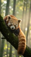 Adorable red panda cub sitting on mossy tree branch in sunlit forest with soft bokeh background for wildlife and nature content.