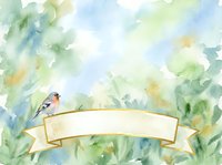 Watercolor illustration of a small songbird perched on a blank banner ribbon, surrounded by soft green and yellow foliage, ideal for greeting cards and nature-themed designs.