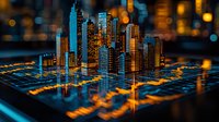 Glowing futuristic cityscape model with illuminated skyscrapers rising from digital circuit grid pattern in blue and orange tones against dark background.