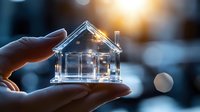 Hand holding small glass house model with warm bokeh background, symbolizing real estate investment, property protection, and home ownership concept.