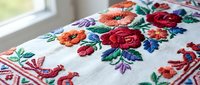 Traditional folk embroidery with colorful floral patterns on white linen fabric featuring roses and decorative motifs for textile and craft projects.