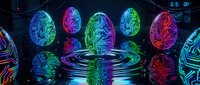 Glowing neon Easter eggs with circuit board patterns reflected on dark water surface in a futuristic cyberpunk setting.