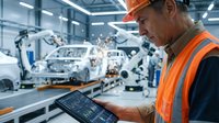 Middle-aged Caucasian male engineer in orange safety vest and hard hat using tablet in modern automotive manufacturing facility with robotic assembly line.