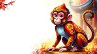 Adorable cartoon monkey character with ornate golden patterns and decorative elements, sitting pose with cherry blossoms, fantasy art style for children's books.