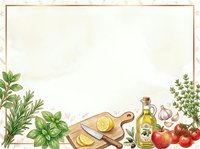 Watercolor culinary frame with herbs, olive oil, lemon, garlic and tomatoes on light background, copy space for recipe or menu design.