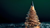 Illuminated pencil shavings forming spiral Christmas tree shape with bokeh lights on dark background, creative minimal holiday concept for education and art.