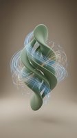 Green abstract twisted form with flowing light trails and digital energy waves, representing innovation, technology, and modern design concepts for creative projects.