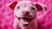 Adorable pink puppy with happy expression against vibrant pink background, showcasing playful personality for pet-themed designs and animal content.