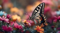 Swallowtail butterfly feeding on vibrant pink and orange flowers in garden with soft bokeh background creating natural pollinator scene.